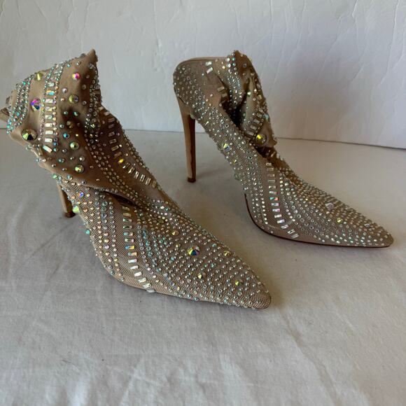 Azalea Wang Opry Sock Bootie 8 Beige Stiletto Rhinestone Embellished Gems - Picture 5 of 10